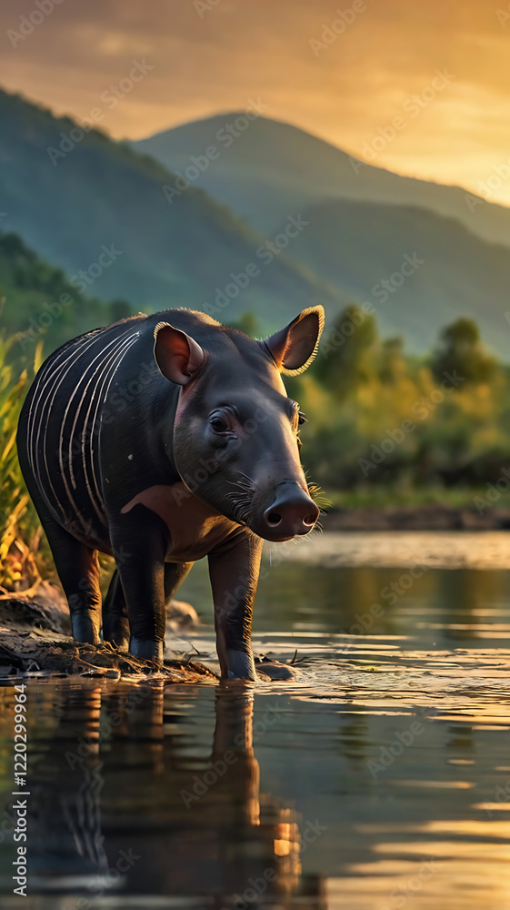 tapir on its habitat, sunset, mountain, river, wildlife photography, Rare Animal, extinct animals tapir on its habitat, sunset, mountain, river, wildlife photography, Rare Animal, extinct animals