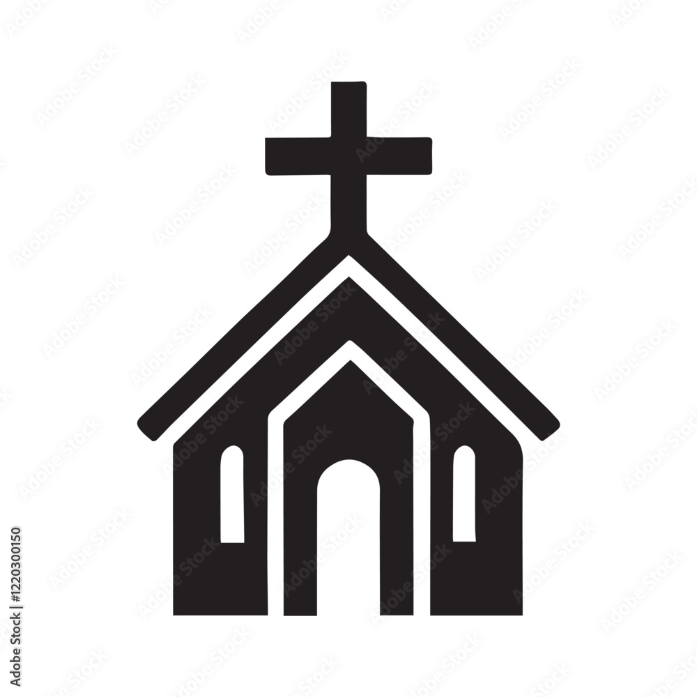 Simple black and white illustration of a church building. Simple black and white illustration of a church building.