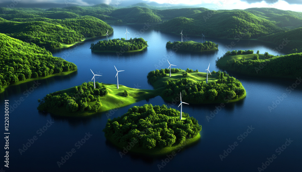 Fototapeta premium Experience the beauty of renewable energy with lush green islands, surrounded by serene waters and equipped with wind turbines, showcasing a perfect blend of nature and technology.