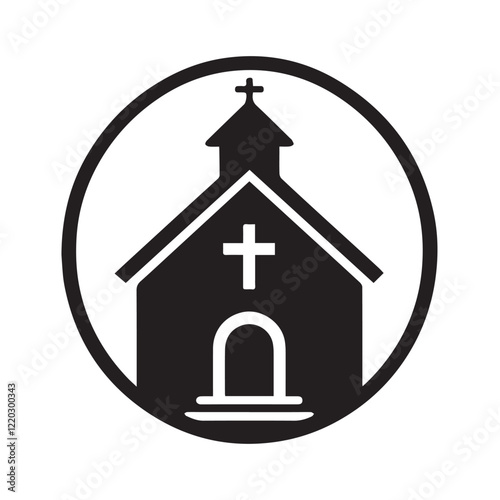 Simple black and white illustration of a church building.