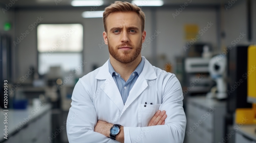 Confident Male Scientist Standing in Lab with Crossed Arms and Professional Attire in Modern Laboratory Setting Confident Male Scientist Standing in Lab with Crossed Arms and Professional Attire in Modern Laboratory Setting