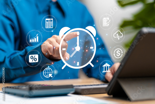 Time management of business Technology and Automation concepts, Businesswomen work management, Balancing financial system, Cost saving, Paying taxes, Prioritization, Scheduling, Eliminating Time photo