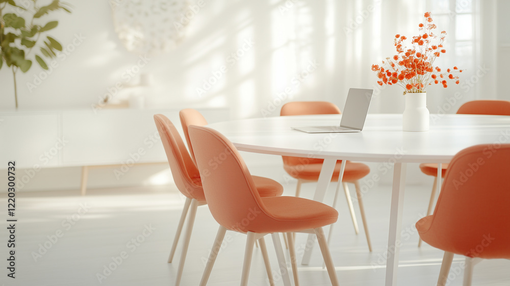 modern dining room featuring round table with orange chairs, laptop, and vase of flowers. bright, airy space is illuminated by natural light, creating warm atmosphere modern dining room featuring round table with orange chairs, laptop, and vase of flowers. bright, airy space is illuminated by natural light, creating warm atmosphere