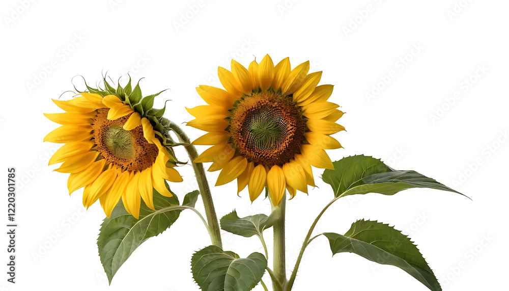 Fototapeta premium Two Sunflowers Blooming Bright Against White Background