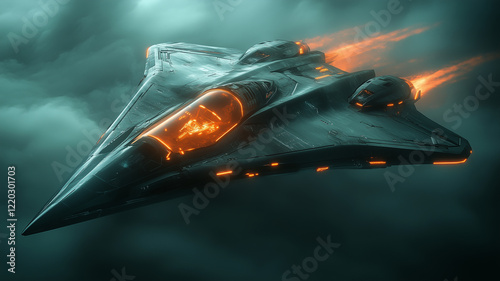 Fototapeta Naklejka Na Ścianę i Meble -  Futuristic Spaceship Soaring Through Dark Clouds