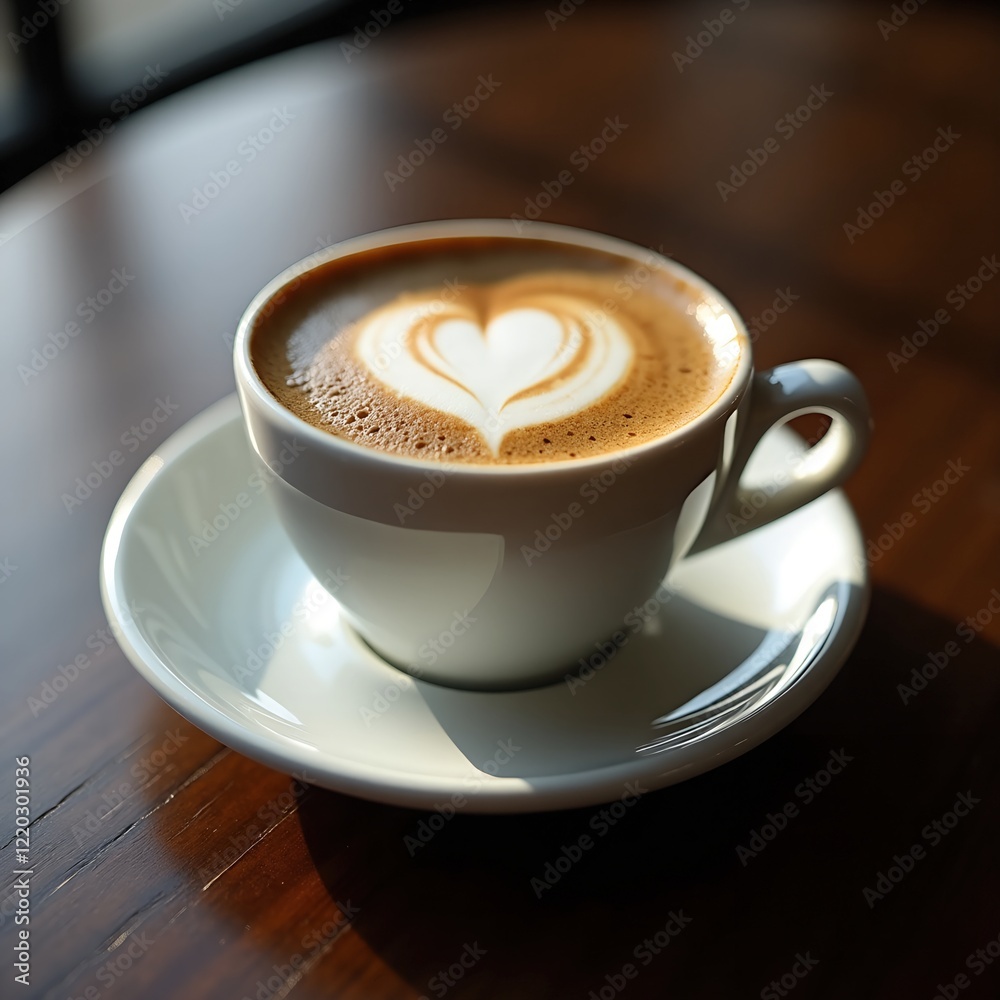 A heart-shaped latte art adorns a steaming cup of coffee, sitting on a wooden table bathed in sunlight. A perfect moment of quiet enjoyment. A heart-shaped latte art adorns a steaming cup of coffee, sitting on a wooden table bathed in sunlight. A perfect moment of quiet enjoyment.