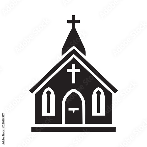 Simple black and white illustration of a church building.