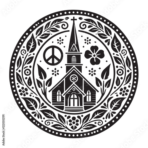 Simple black and white illustration of a church building.