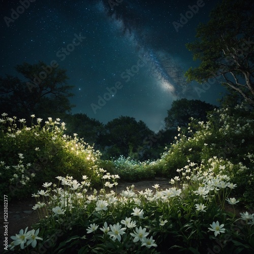 A magical park with glowing white flowers amidst green bushes under a starry night sky.