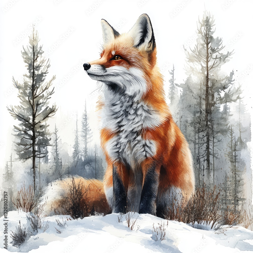 Obraz premium Majestic fox perched in a snowy forest, surrounded by tall trees and soft winter light, evoking tranquility