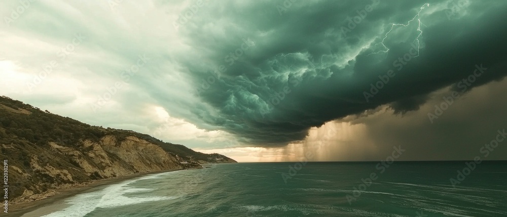 Fototapeta premium Dramatic Coastal Storm Dark Clouds Lightning Ocean