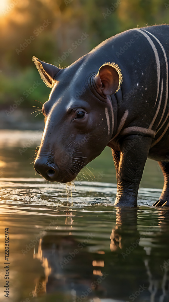 Obraz premium tapir on its habitat, sunset, mountain, river, wildlife photography, Rare Animal, extinct animals