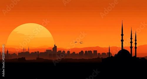 Wallpaper Mural Silhouette of Mosque and Buildings in Dark Orange Background Torontodigital.ca