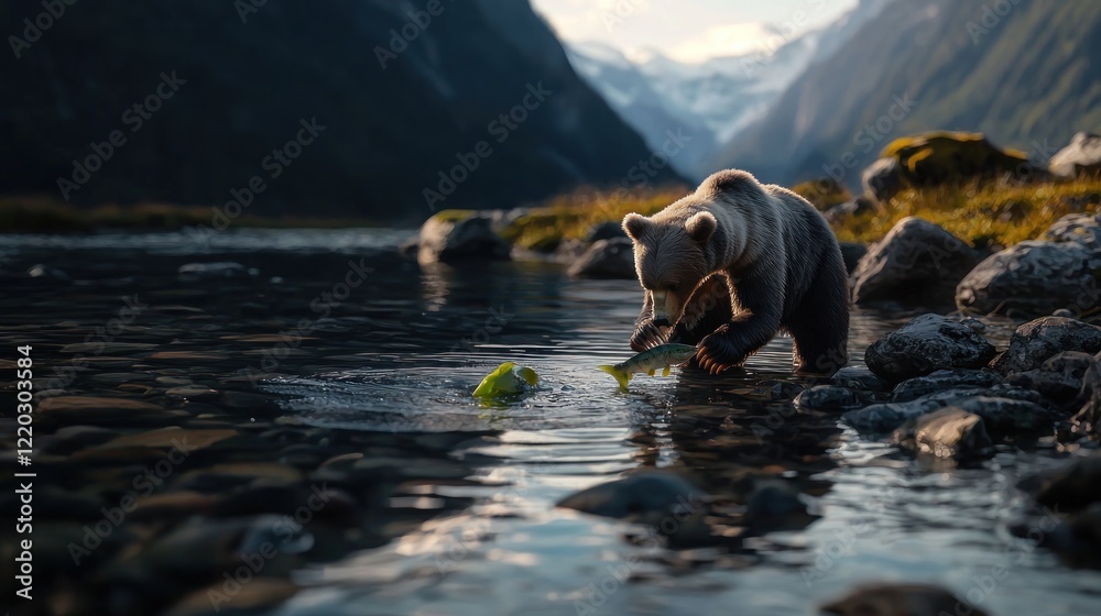 Grizzly fishing salmon river mountains sunset wildlife Grizzly fishing salmon river mountains sunset wildlife