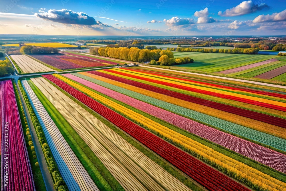 Stunning aerial photography showcases Netherlands' flower fields, a breathtaking display of spring blooms. Stunning aerial photography showcases Netherlands' flower fields, a breathtaking display of spring blooms.