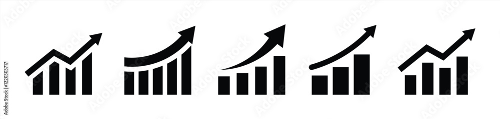 Growing graph set. Business chart with arrow. Growths chart collection. Profit growing symbol. Progress bar. Bar diagram. Growth success arrow icon. Progress symbol. Chart increase - stock vector.