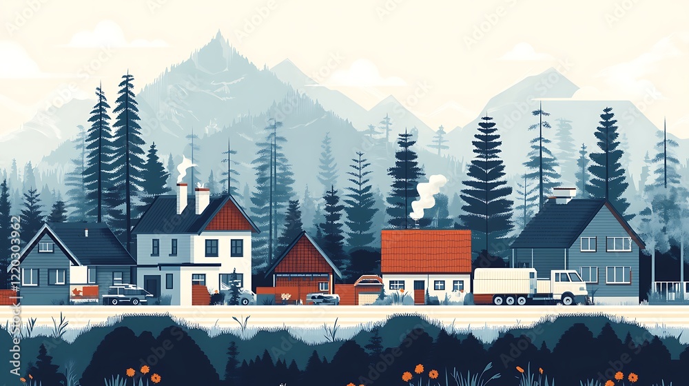 Naklejka premium Mountain village road with houses, cars, and trucks, ideal for travel or lifestyle themes