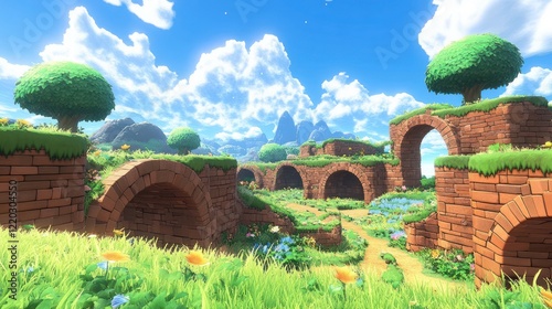 Sunny landscape with brick arches, grassy hills, and flowers. photo