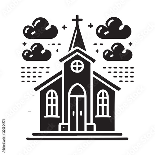 Simple black and white illustration of a church building.
