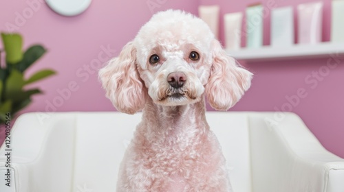 Adorable Fluffy White Poodle Dog at Pet Grooming Salon photo