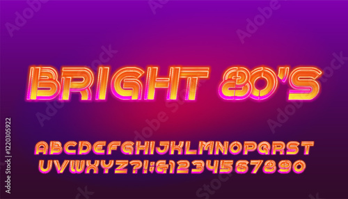 Bright 80s alphabet font. Shiny neon letters and numbers. Stock vector typescript for your design.