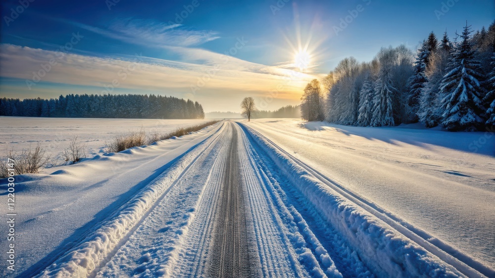 Snow-covered road with tire tracks leading into the distance