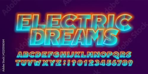 Electric Dreams alphabet font. Colorful neon letters and numbers. Stock vector typescript for your design.