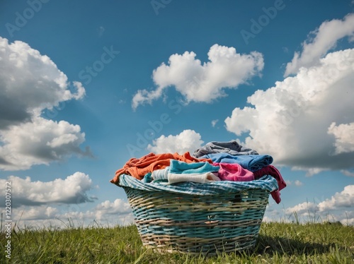 A laundry basket overflowing with freshly laundered clothes, placed on a grassy lawn.