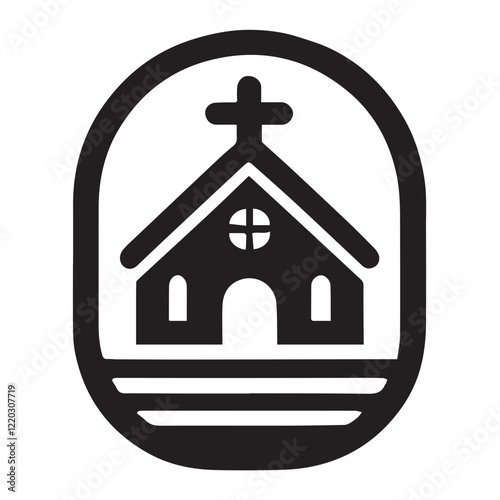 Simple black and white illustration of a church building.
