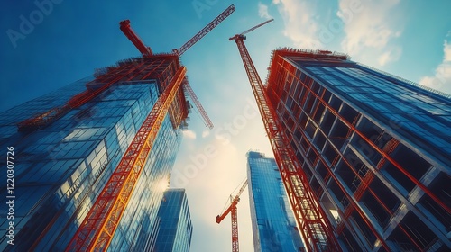Large construction site with busy tower cranes at high rise building