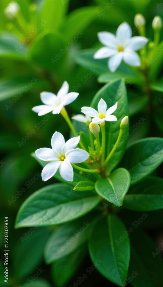 delicate white jasmine flowers on lush green bush, blooming plants, green leaves, garden foliage delicate white jasmine flowers on lush green bush, blooming plants, green leaves, garden foliage
