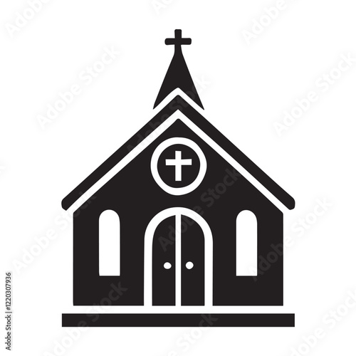 Simple black and white illustration of a church building.