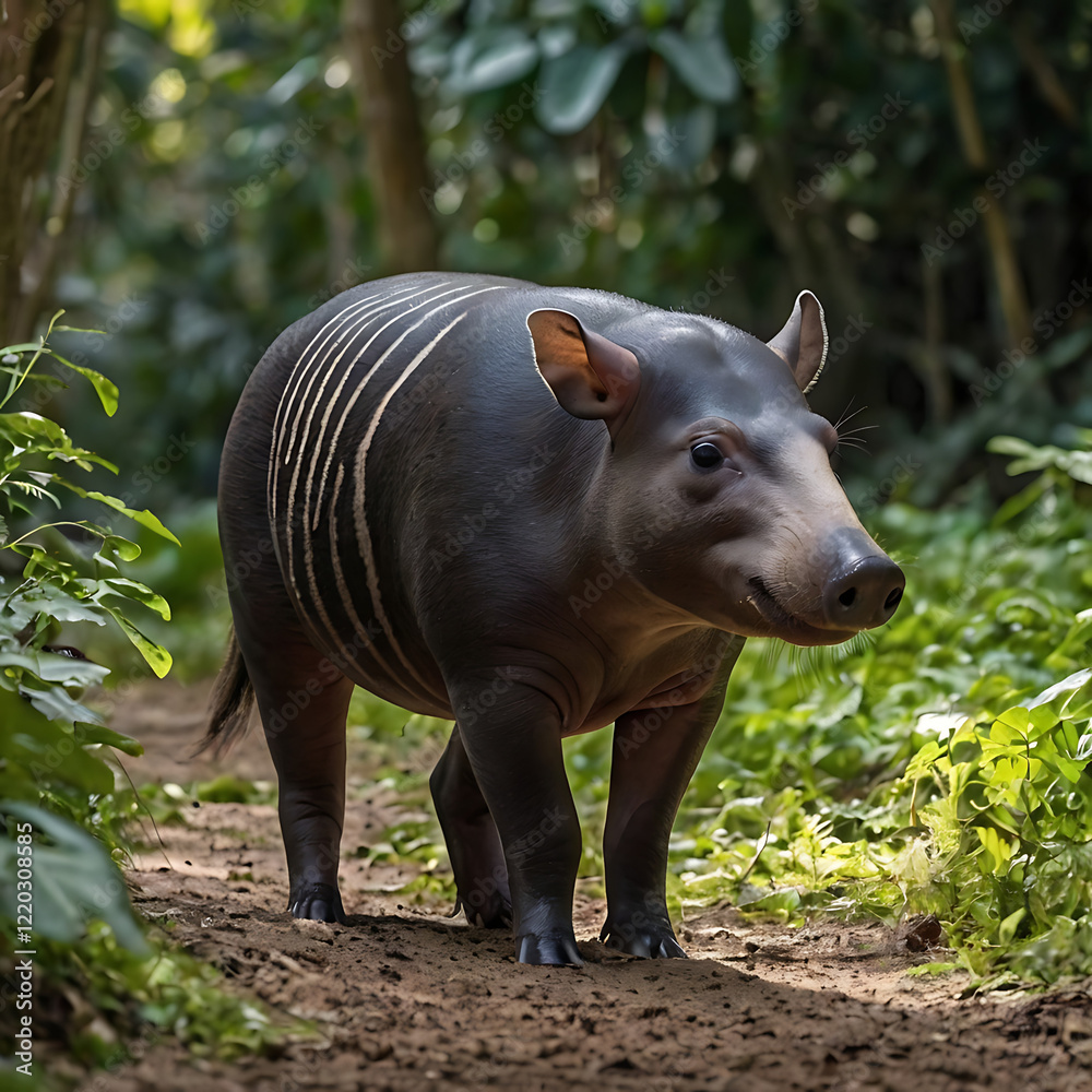 Fototapeta premium tapir on its habitat, sunset, mountain, river, wildlife photography, Rare Animal, extinct animals