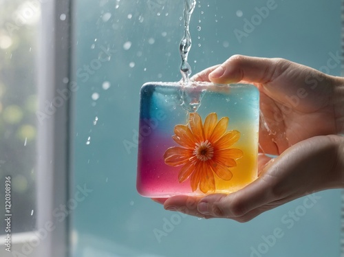 A hand holding a translucent, brightly colored glycerin soap with embedded flower petals