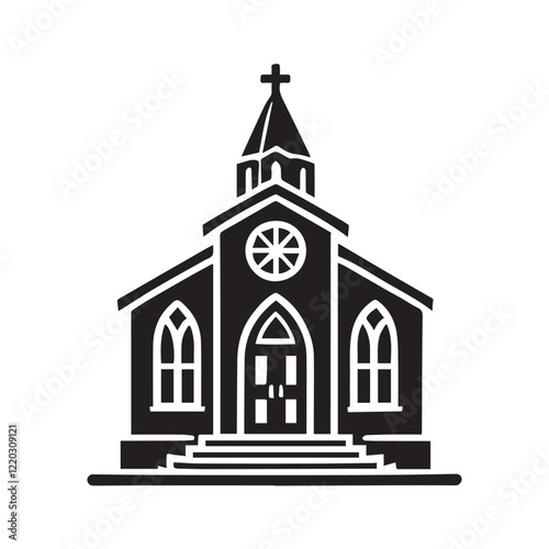 Simple black and white illustration of a church building.