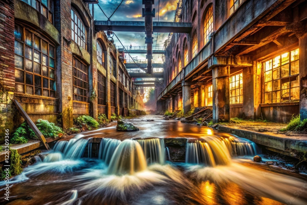 Fototapeta premium Urban decay's hidden streams: exploring abandoned structures through flowing water photography.