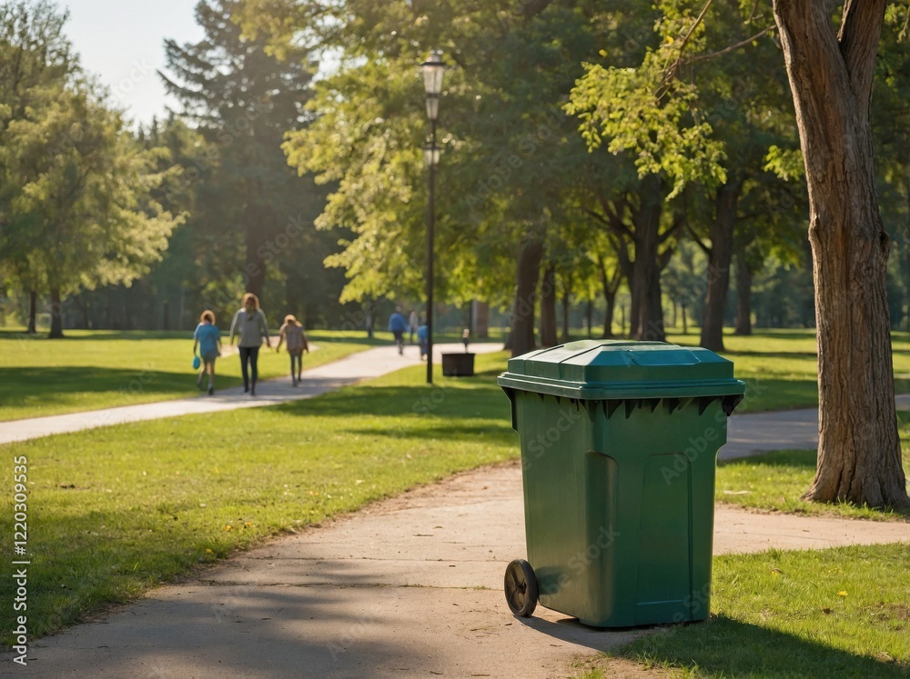 A green outdoor trash bin placed on a grassy field next to a walking path in a sunny park. A green outdoor trash bin placed on a grassy field next to a walking path in a sunny park.