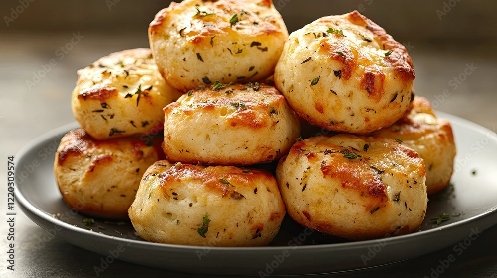 A stack of baked zucchini rounds with cheese, garlic, and herbs, beautifully styled on a gray plate with a textured background. A stack of baked zucchini rounds with cheese, garlic, and herbs, beautifully styled on a gray plate with a textured background.