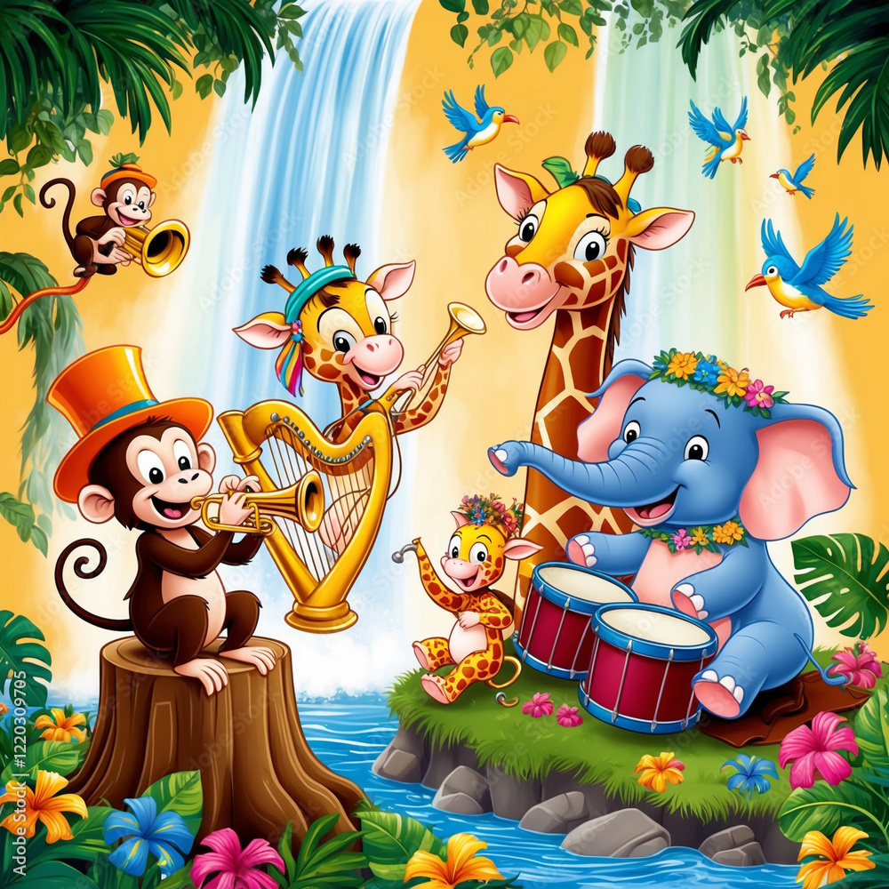 Fototapeta premium illustration of animals in the forest playing music