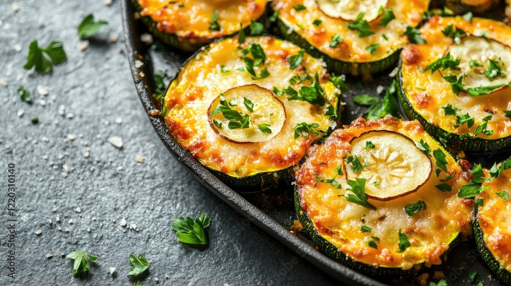 Baked zucchini rounds topped with bubbling cheese and garlic slices, garnished with parsley on a gray textured background. Baked zucchini rounds topped with bubbling cheese and garlic slices, garnished with parsley on a gray textured background.