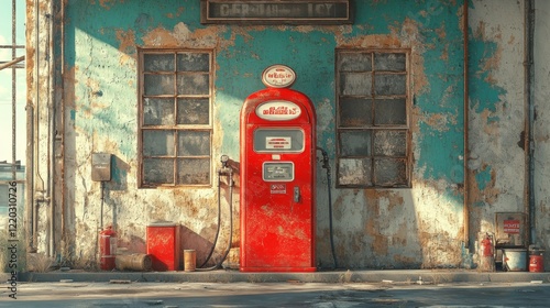 Red vintage gas pump at abandoned gas station.