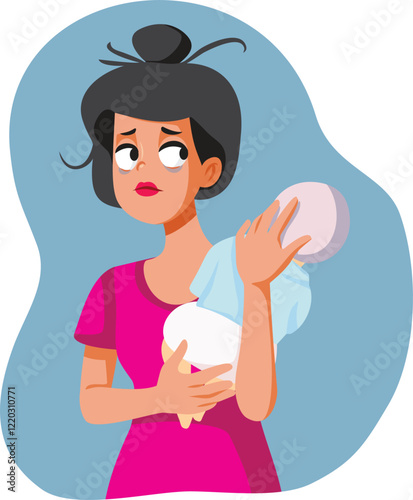 Sleep Deprived Mom Holding Baby Vector Illustration. Mother feeling exhausted trying to nurse her infant 

