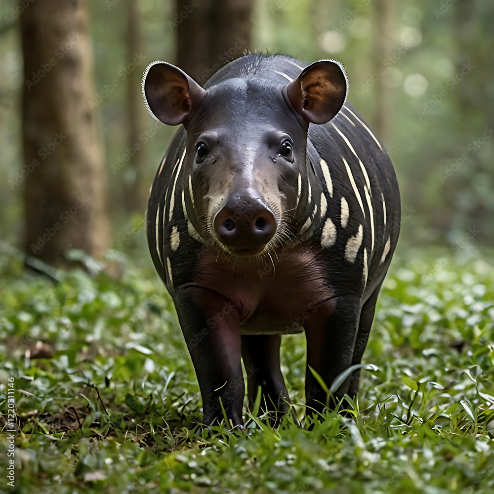 Fototapeta premium tapir on its habitat, sunset, mountain, river, wildlife photography, Rare Animal, extinct animals