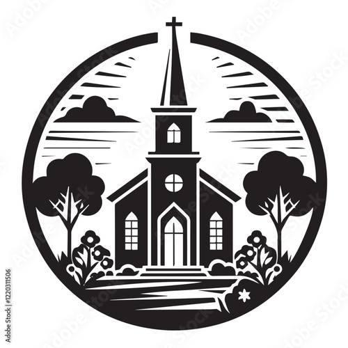 Simple black and white illustration of a church building.