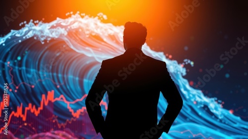 A silhouette of a man stands before a vibrant, abstract wave and financial graph, symbolizing innovation and the intersection of technology and finance. photo