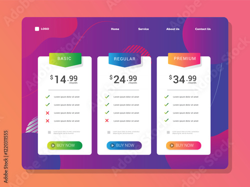 Price comparison table layout template for three products landing page vector illustration
