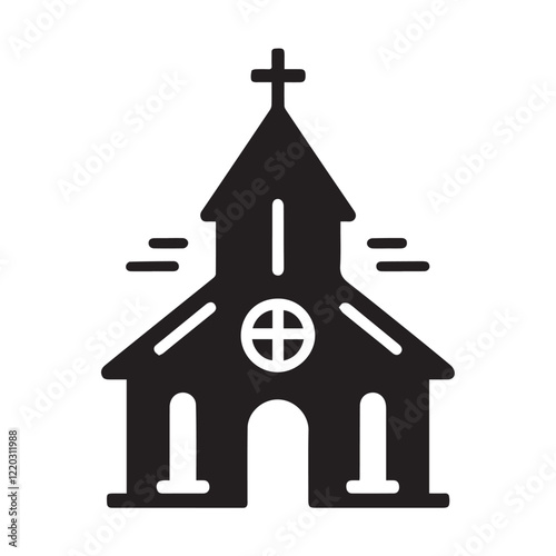 Simple black and white illustration of a church building.
