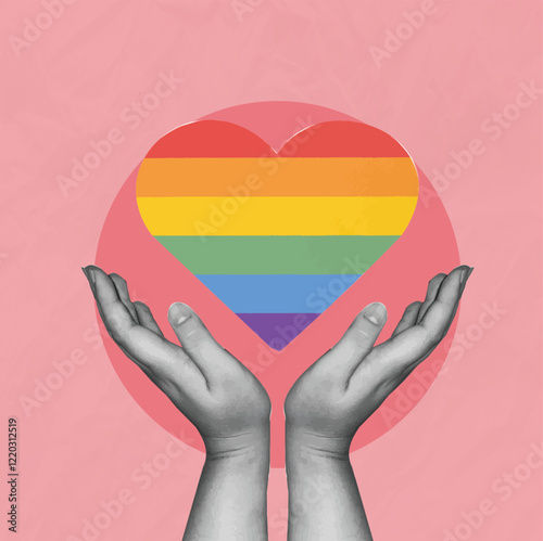 Collage of hand holding heart lgbt rainbow, concept for law of same sex, Trendy retro 60s 70s cartoon style.