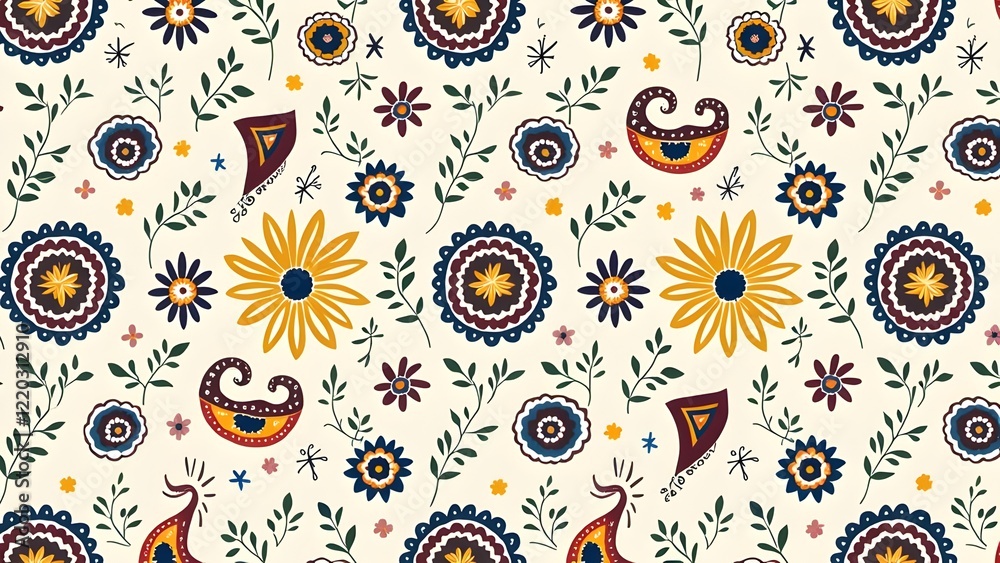Fototapeta premium Intricate Paisley and Floral Medallion Wallpaper Bold Indigo and Emerald Accents on Pale Ivory Background