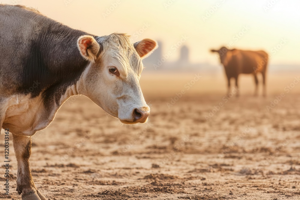 Fototapeta premium Cattle grazing in dry fields rural landscape golden hour close-up agriculture
